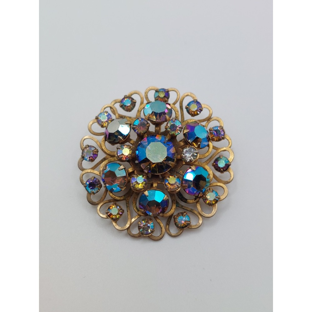 Aurora Borealis Rhinestone Brooch Gold Filigree Flower Grandmillennial Vintage - Picture 5 of 12
